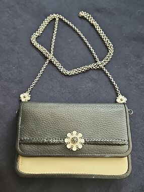 Brighton Black/White Crossbody Chain Bag With Flower Accents